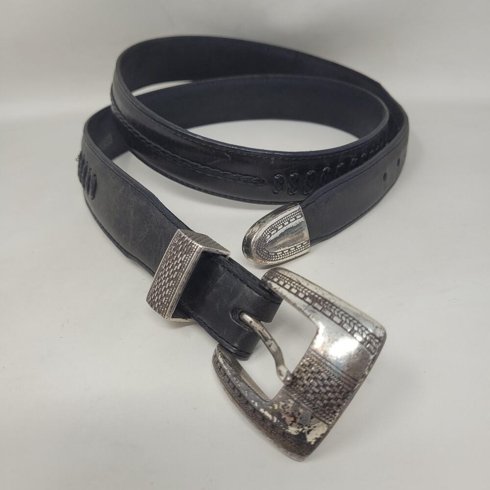 VTG Brighton Onyx Belt Mens 38 Black Leather Western Cowboy Braided 90s Tooled
